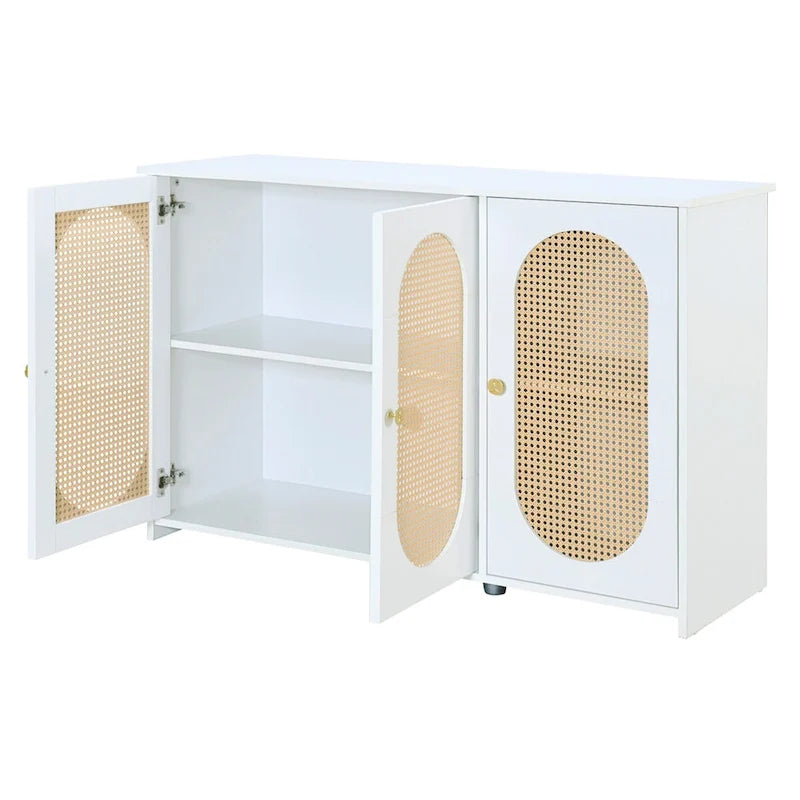 Retro Sideboard with Rattan Door Panels and Vintage Metal Handles