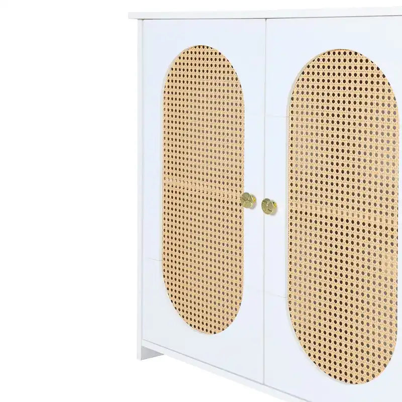 Retro Sideboard with Rattan Door Panels and Vintage Metal Handles