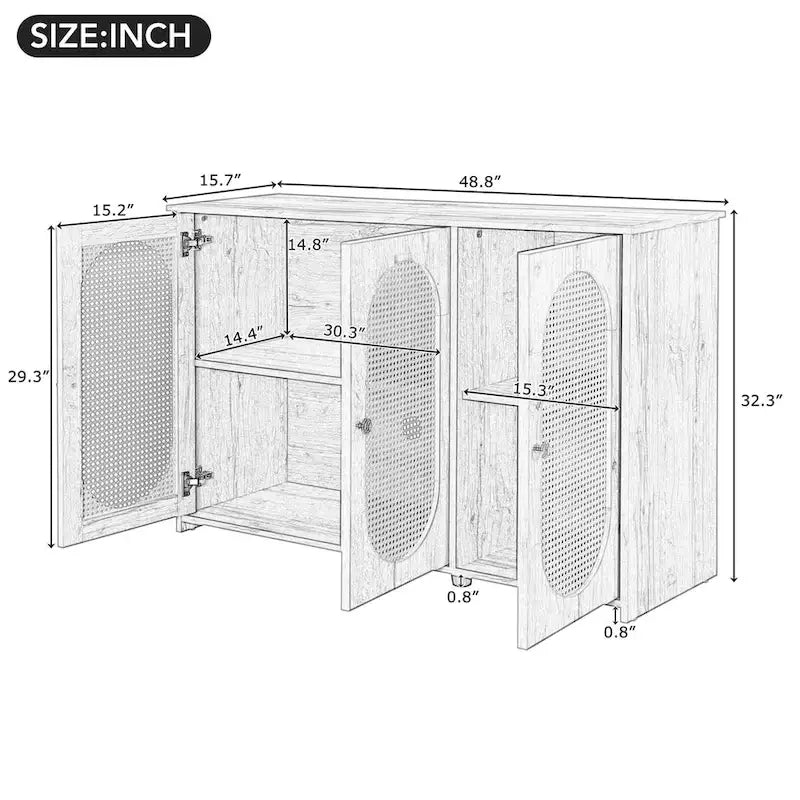 Retro Sideboard with Rattan Door Panels and Vintage Metal Handles