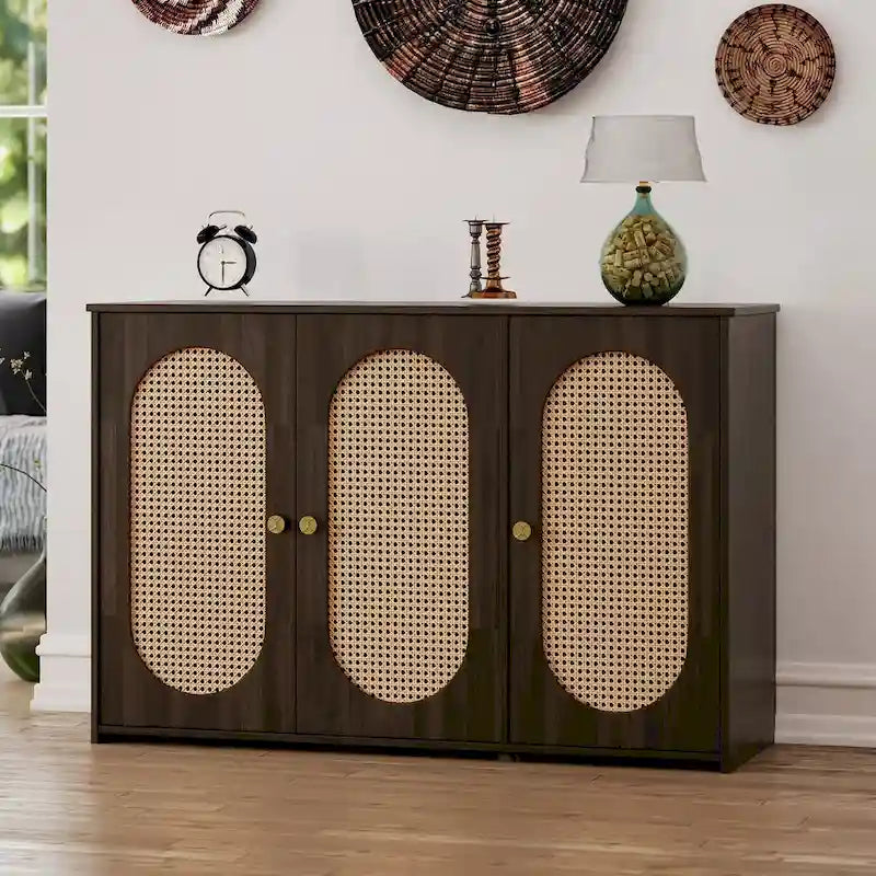 Retro Sideboard with Rattan Door Panels and Vintage Metal Handles