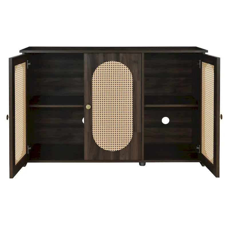 Retro Sideboard with Rattan Door Panels and Vintage Metal Handles