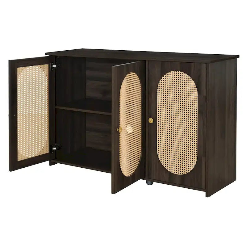 Retro Sideboard with Rattan Door Panels and Vintage Metal Handles