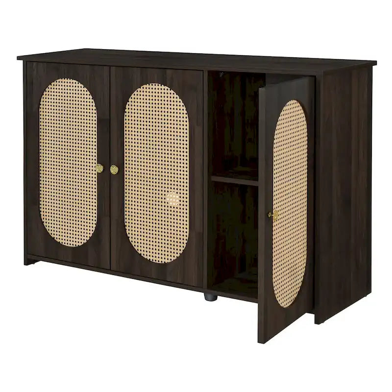 Retro Sideboard with Rattan Door Panels and Vintage Metal Handles
