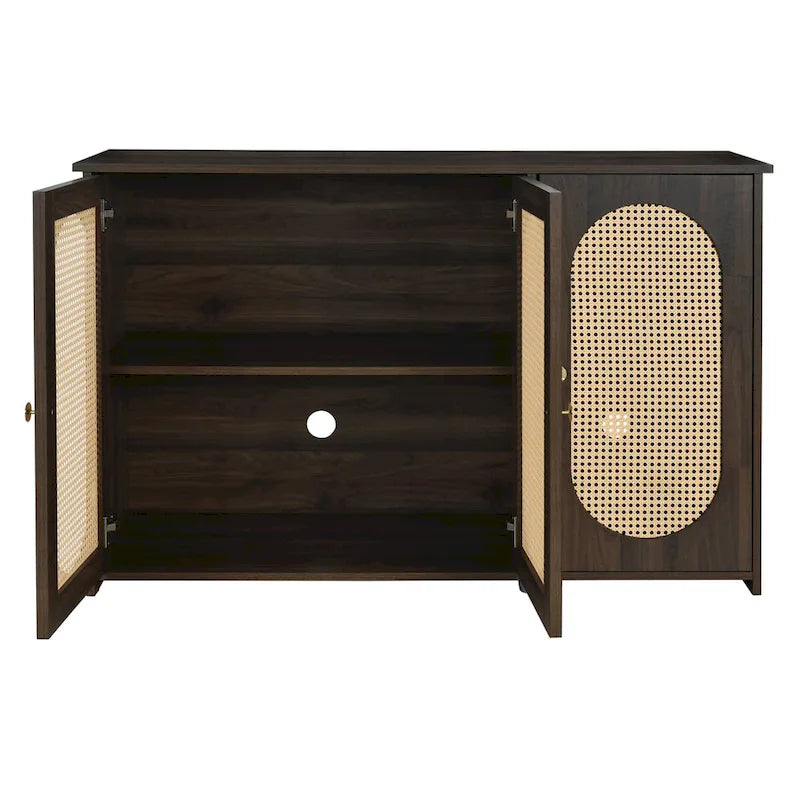 Retro Sideboard with Rattan Door Panels and Vintage Metal Handles