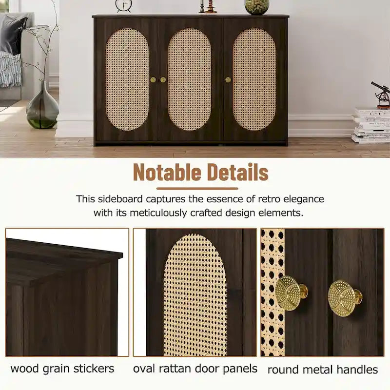 Retro Sideboard with Rattan Door Panels and Vintage Metal Handles