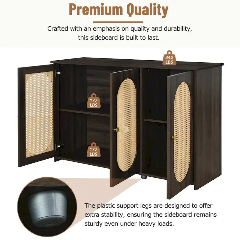 Retro Sideboard with Rattan Door Panels and Vintage Metal Handles