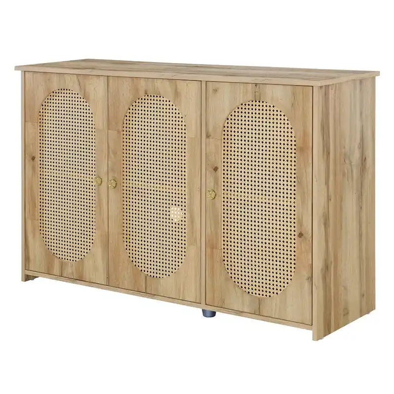 Retro Sideboard with Rattan Door Panels and Vintage Metal Handles